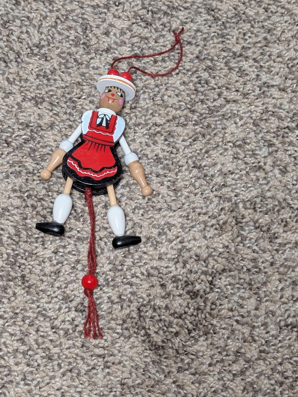 Wooden Pull-String Doll Ornament in Red and White From Germany
